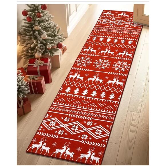 Christmas Runner 2x8, Washable Non-Slip REINDEER, Low Pile Faux Wool - Picture 1 of 7